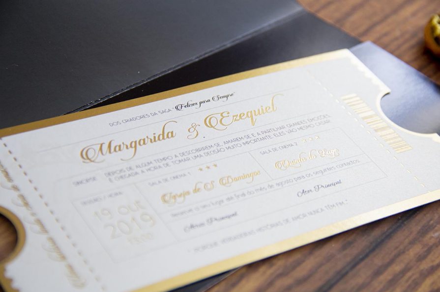Convite de Casamento Bilhete de Cinema personalizado, idealizado e produzido pela Ideia Genial, especialista em convites de casamento personalizados e datas especiais.